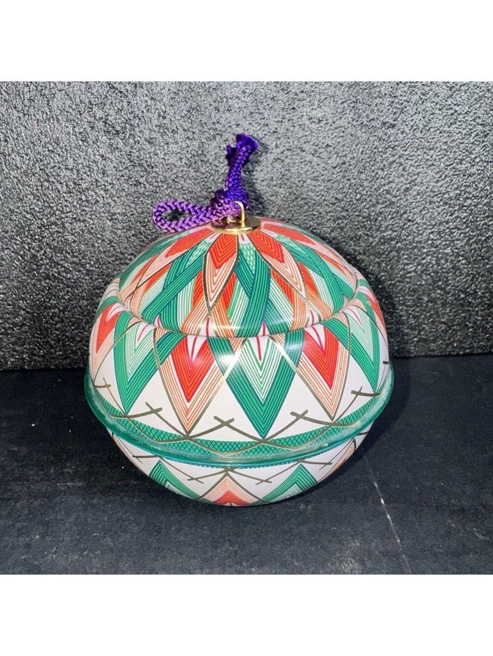 Vintage Japanese Kutani Ceramic Lidded Jar Bowl Ornament Red Green Geometric